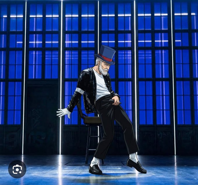 An anime-style illustration of an elderly magician or performer wearing a top hat, sequined jacket, white gloves, and holding a cane, posed against a blue-lit stage backdrop.