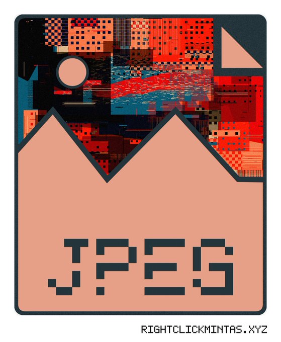 Pixel art NFT-style graphic titled 'JP2S' from rightclickmints.xyz, depicting a salmon-colored mountain peak beneath a glitchy red and blue abstract landscape.