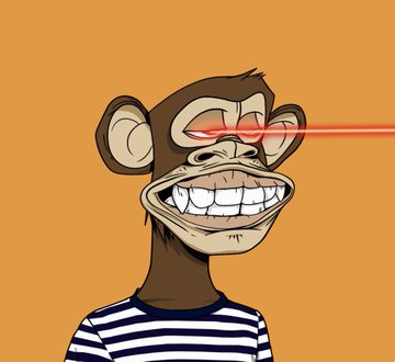 The image features a cartoon monkey with a big smile, wearing a striped shirt and holding a red laser pointer in its right hand. The monkey appears to be happy and content as it looks directly at the camera. The background of the image is orange, which contrasts nicely with the monkey's brown fur. The caption below the image reads: "Three years ago when I bought my first mutant, the goal of being able to have an OG ape seemed impossible I’m sitting here tonight on my birthday And I’m feeling so grateful I own 2 of the best apes that exist Dreams do come true Apes together strong BAYC".