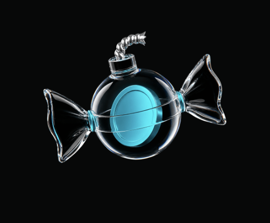 A 3D rendered transparent candy with blue center and twisted ends, resembling a wrapped sweet, on a black background.
