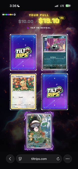 The image shows a "Your Pull" results screen from the TiltRips Pokémon card pack opening site, displaying 5 cards including an immersive Trubbish, Teddiursa, and a holo Shaymin-EX (50 HP) on a purple cosmic background, with a total pull value of $13.10 from a $10.00 pack. The card backs feature the "TILT RIPS" branding, and tiltrips.com is shown in the browser bar, matching the post's promotion of the TiltRips platform.