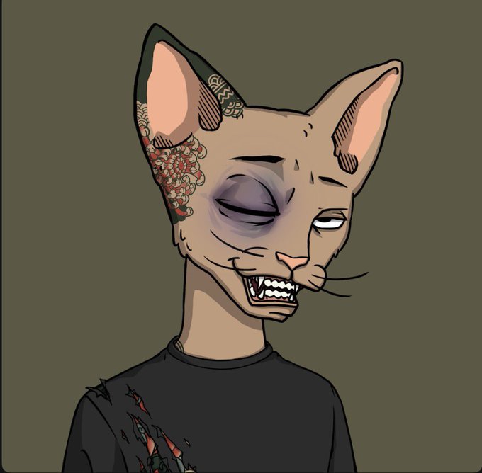 A digital illustration of a hairless cat-like character with a bruised eye, decorative ear tattoo, and torn black shirt against an olive background.