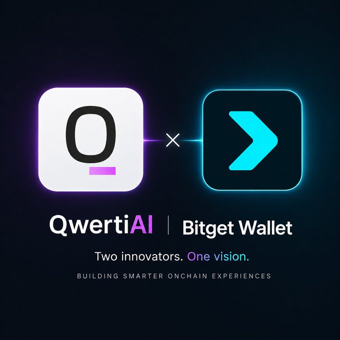The image features a black background with two logos - one for Qwerti AI and another for Bitget Wallet. The Qwerti AI logo displays an arrow pointing upwards, while the Bitget Wallet logo shows a blue arrow pointing downwards. Both logos are in white against a dark background. Below these logos, there is text that reads "Two innovators. One vision! @QwertiAI is now partner with @BitgetWallet bringing together AI powered intelligence and one of the leading Web3 wallets. This collaboration opens the door to smarter onchain experiences, seamless access and wider adoption".