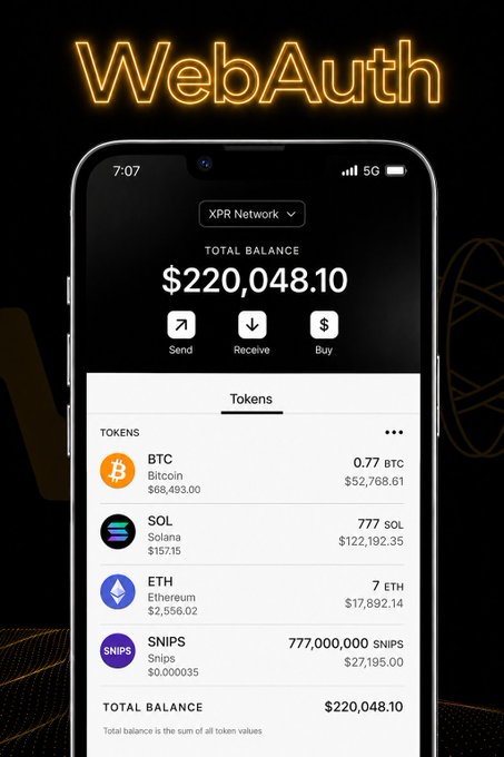 A WebAuth promotional graphic showing a smartphone wallet interface with a total balance of $220,048.10 on the XPR Network, displaying holdings in BTC, SOL, ETH, and SNIPS tokens.