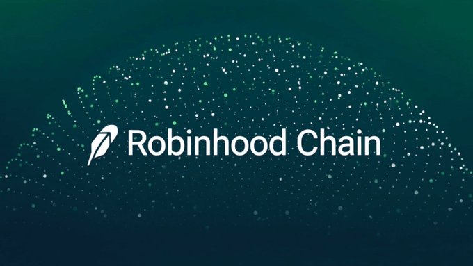 The Robinhood Chain logo with a feather icon appears against a dark green background filled with glowing white and green dots.