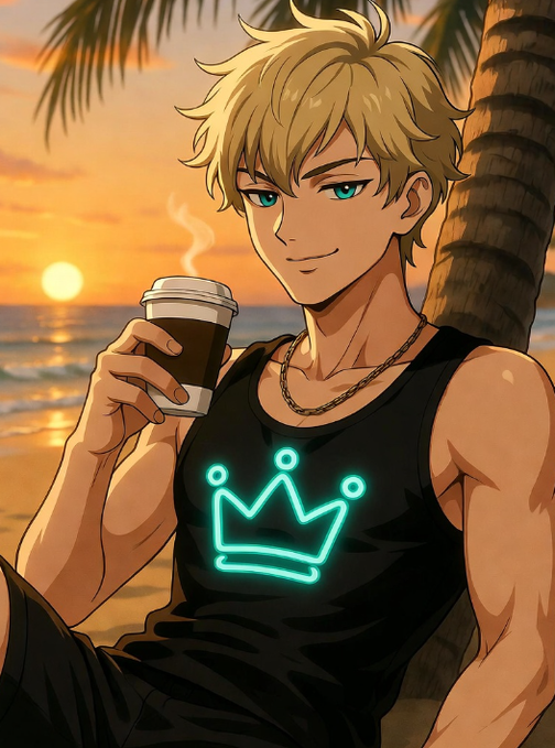 The image features a young man sitting under a palm tree with his arm resting on it while holding a cup of coffee. The background shows an ocean view at sunset, creating a serene atmosphere for the scene. There are no texts or other objects in the image that directly relate to the post about web3 and AI.