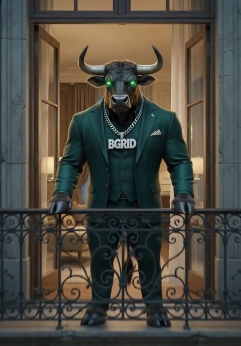A digitally rendered anthropomorphic bull in a green suit with glowing green eyes, wearing a chain necklace with a pendant that reads 'BGRID', standing on a balcony.