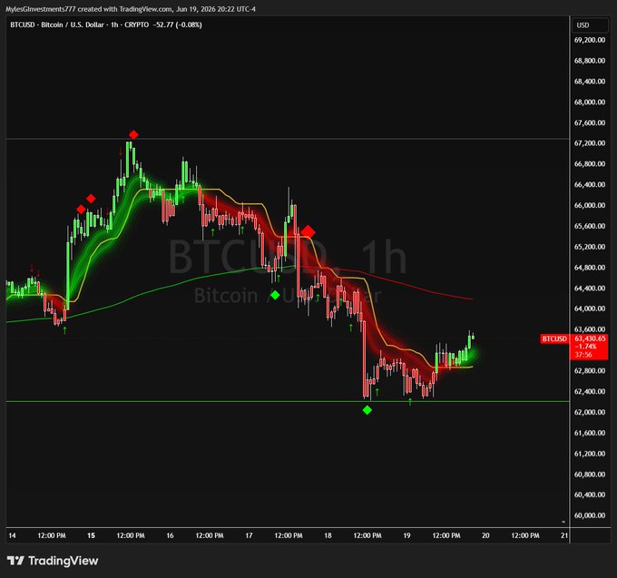 The image displays a graph of Bitcoin's price against time, with red lines indicating whether Bitcoins are up or down in value at various intervals throughout the day. A green line connects these points, forming an upward trend across the period shown on the graph. The text above the graph reads "BTC just flashed a buy signal Video update youtu.be/-qS1NnADGRc". This implies that there has been a significant increase in Bitcoin's value since the graph was created and suggests that it may be worth purchasing Bitcoins at this moment.