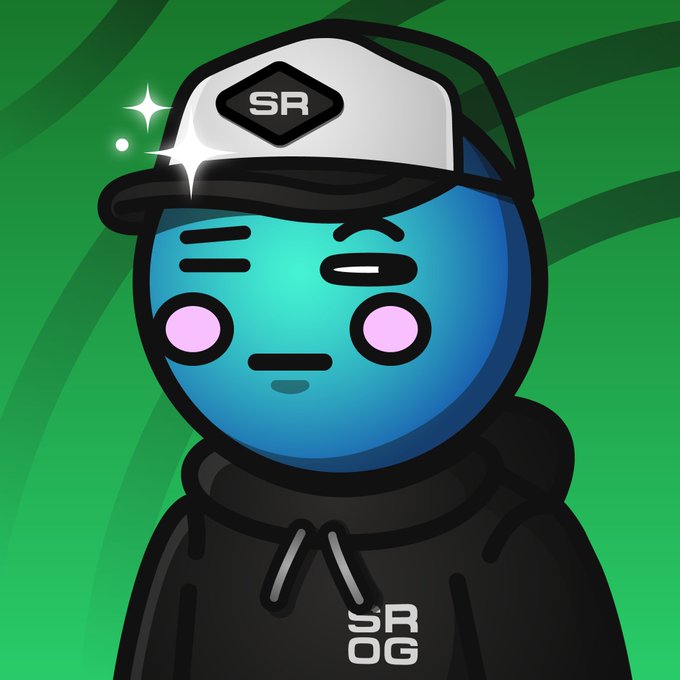 A cartoon blue character wearing a white and black 'SR' cap and a black hoodie with 'SROG' logo, set against a green background.