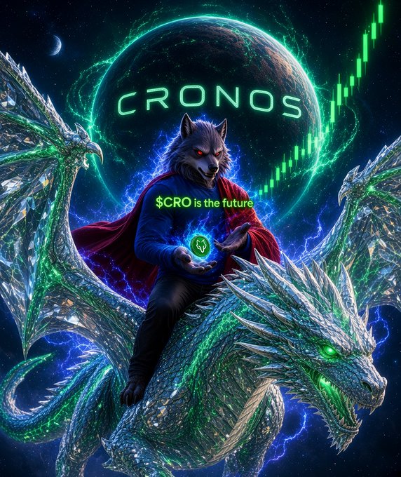 Digital artwork featuring a wolf-headed figure in a red cape riding a crystalline dragon, with the text 'CRONOS' and '$CRO is the future' displayed against a cosmic background with a green rising chart.