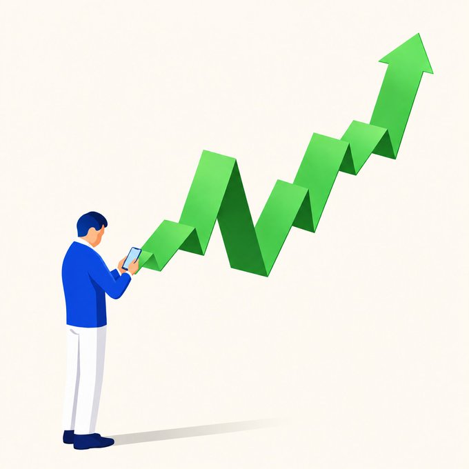 A man in a blue jacket stands holding a smartphone, looking up at a large green upward-trending zigzag arrow, symbolizing market growth and investor analysis. The image visually reinforces the post's message about how each decision influences upcoming market trends.