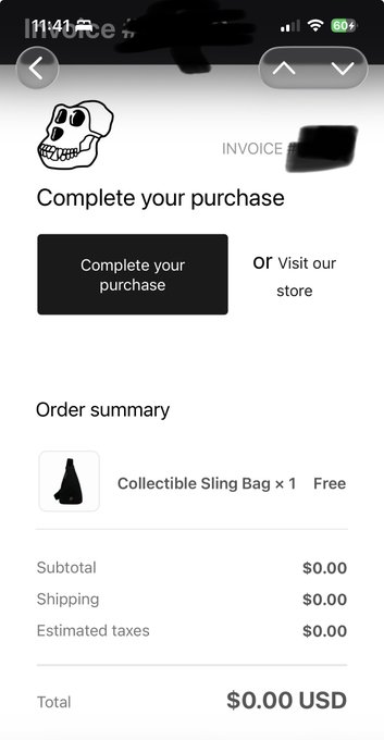 A screenshot of a Shopify invoice checkout showing a free "Collectible Sling Bag × 1" order from Bored Ape Yacht Club with a $0.00 USD cost, aligning with the caption describing a surprise free promotional item from BAYC.