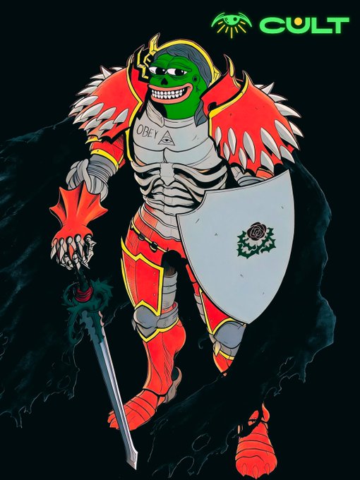 A fantasy-style illustration of a skeletal warrior in red and silver armor wielding a sword and shield, with a green grinning face and the word 'OBEY' on the chest, branded 'CULT' in the top right corner.