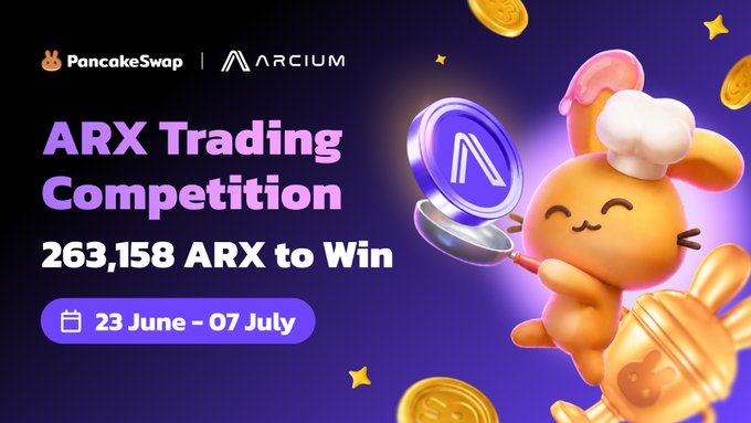 The image is a poster for an online trading competition, featuring an animated rabbit holding up a shiny blue ARX currency token with its paws. The background of the poster shows a purple sky filled with gold coins scattered throughout, creating a festive atmosphere. The text on the poster reads "Arx Trading Competition" and "263,158 $ARX (over $100K) served fresh & up for grabs". Additionally, there is an instruction that says to "Trade $500+ in ARX ( @Arcium ) on PancakeSwap ... You're in the lucky draw → Win start flipping:".