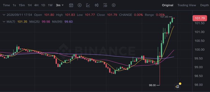 A Binance candlestick chart shows $SOL reclaiming the $100 level, surging from a low of 98.00 to close at 101.79 with a 0.05% range, as it rebounds above its MA(7) 101.35, MA(25) 99.98, and MA(99) 99.60 moving averages—visually confirming the post's claim of a market rebound that triggered over $73 million in short liquidations.