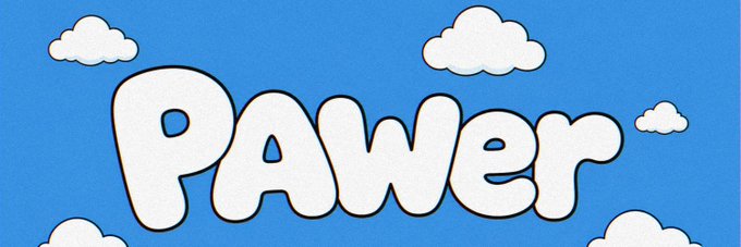 A cartoon-style blue banner featuring the bold white bubble-letter word "POWER" set against a sky background with fluffy white clouds, serving as branding for the @pawerpfps giveaway promotion offering a free mint.