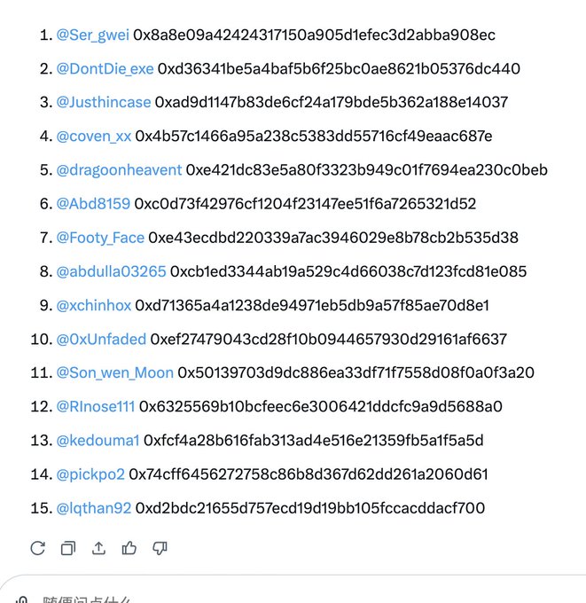 A numbered list of 15 cryptocurrency wallet addresses paired with Twitter/X usernames, including @Ser_gwei, @DontDie_exe, @justhincase, and others, each followed by a 0x-prefixed Ethereum address.