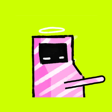 A cartoon illustration shows a pink computer/server character with a halo, black face, and a pointing arm against a bright green background.