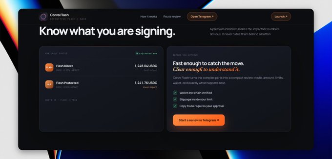 Screenshot of the CorvFlash website with the headline 'Know what you are signing,' displaying available routes including 'Flash Direct' and 'Flash Protected' with pricing in USDC, and explaining that 'CorvFlash turns the complex parts into a compact review: route, amount, limits, wallet, and exactly what happens next.'