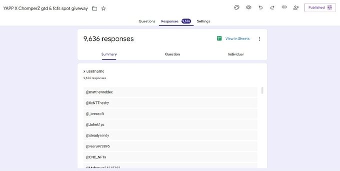 A screenshot of a Google Form titled "YAPP X ChomperZ gtd 5 fcfs spot giveaway" displaying 9,636 responses, with usernames like @matthewobiex, @ONTThezfly, @_breaof, @lukhn1pr, @steadysandy, @vera073895, and @CNC_NF1s listed under an "x username" field. The image visually confirms the claim of receiving 9,636 wallet submissions for the giveaway.