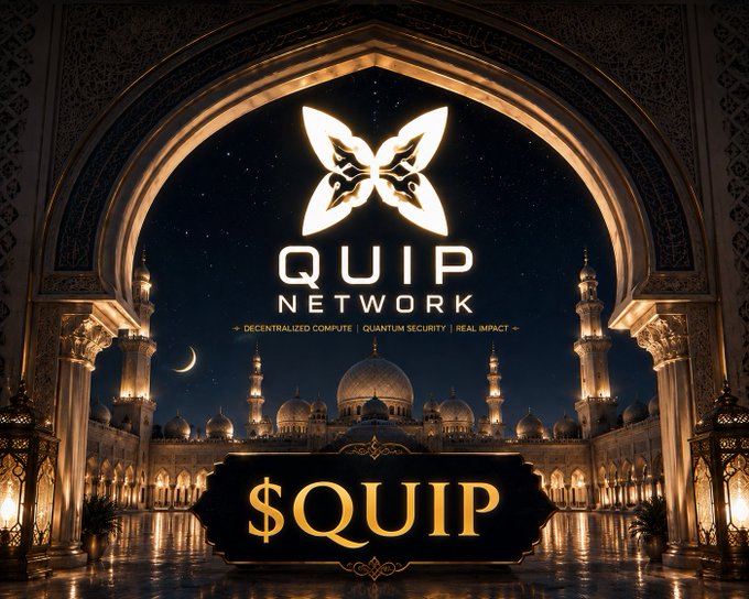 The image features a large, ornate building with a crescent moon above it at night. The building has multiple domes and arches, showcasing its architectural beauty. In front of this impressive structure, there's an advertisement for Quip Network that reads "TGIF One thing I respect about @quipnetwork is that it’s building in a space most people still don't fully understand yet". This advertisement highlights the uniqueness and innovation behind Quip Network's services, which include Quantum security and infrastructure for AI workloads. The image effectively captures the attention of viewers by showcasing an eye-catching architectural design while promoting the company's offerings.