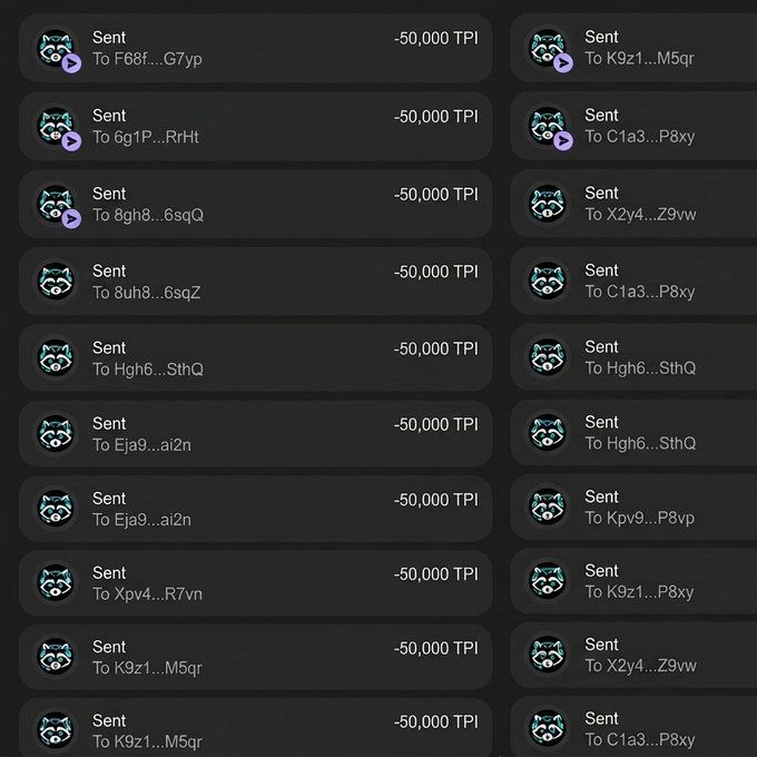 A transaction history displaying multiple "Sent" entries of -50,000 TPI each, sent to various Solana wallet addresses (e.g., F68f..., 6g1P..., 8gh8...), serving as visual proof for the $TPI airdrop promotion offering 50,000 TPI tokens to participants who submit their SOL addresses.