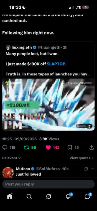 A Twitter/X post on mobile shows a user claiming to have sniped a coin at 3M entry and cashed out, quoting a tweet from liuxing.eth stating 'Many people lost, but I won. I just made $190K off $LAPTOP,' with engagement metrics visible.