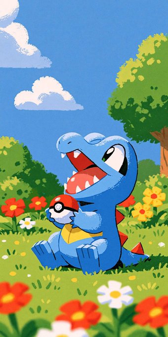 A colorful illustration of a blue crocodile-like Pokémon (Totodile) sitting happily in a grassy field with flowers, holding a Poké Ball.