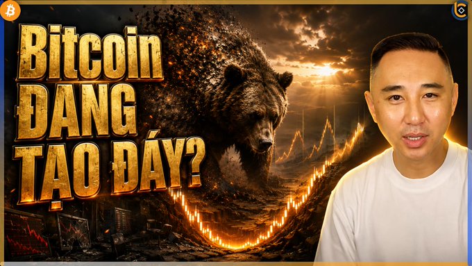 The image is a YouTube thumbnail featuring Vietnamese text "BITCOIN ĐANG TẠO ĐÁY?" (meaning "Is Bitcoin forming a bottom?") alongside a dramatic bear made of earth and a falling Bitcoin price chart, with a man in a white shirt on the right. The visual aligns with the post's message about Bitcoin approaching a historical bottom zone, using bearish imagery to emphasize the market downturn discussed in the video.