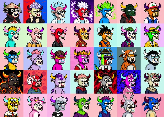 A grid of 35 colorful pixel-art bull characters (MooPunks NFT collection) featuring various horns, hairstyles, and outfits against pastel backgrounds. The image showcases the diverse "herd" of 5,555 unique bulls referenced in the promotional text for the $MOOPUNKS project.