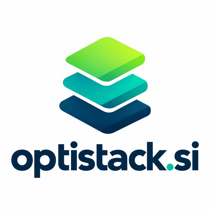 A logo featuring three stacked diamond shapes in green, teal, and navy blue above the text 'optistack.si'.