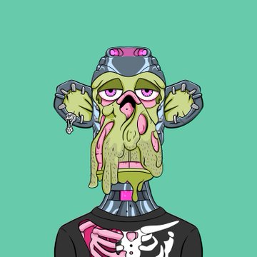 The image features a cartoon character that appears to be a robot or machine with a face, arms, legs, and torso. The character has a green body with pink eyes and a pink nose, giving it an unusual appearance. It also has a large mouth filled with goo, which adds to its creepy look. The character is wearing a black shirt, making the overall scene even more eerie. The image includes text that reads "New art commission finished New front facing mutant created Owner @amigoeNFT MayC @BoredApeYC Hooked you up with a gm cup and apecoin. More overlays cooking together stronger".