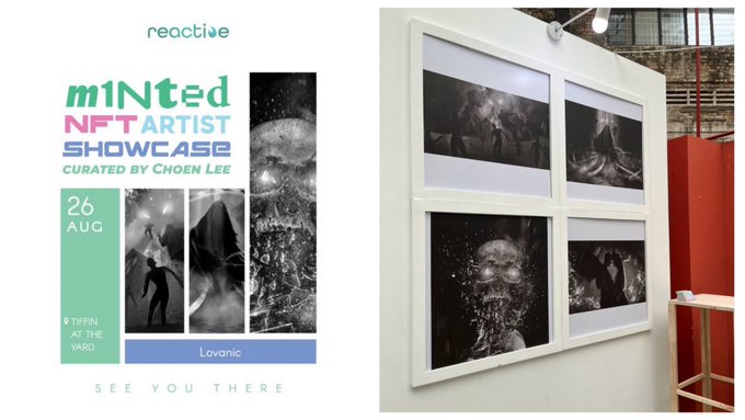 A promotional graphic for the 'M1NTed NFT Artist Showcase' curated by Choen Lee, featuring artwork by Lovanic, scheduled for 26 Aug at Tiffin at the Yard. The right side shows the artwork displayed in a gallery setting.