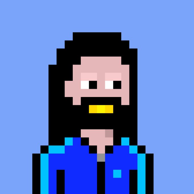 A pixel art portrait of a bearded man with dark hair and a blue jacket, set against a solid blue background.