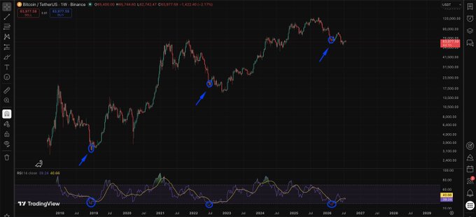 A weekly candlestick chart of Bitcoin (BTC/USD) on Binance with the RSI indicator below, showing several key historical bottoms circled in blue with arrows pointing upward, including the 2018, 2020, and 2022 lows.