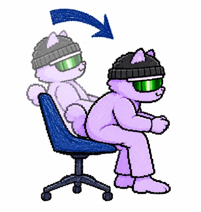 A digital illustration showing a purple cartoon cat wearing a green visor and gray beanie sitting in a blue office chair, with an arrow indicating its transformation into a more muscular, hunched-over version of itself.