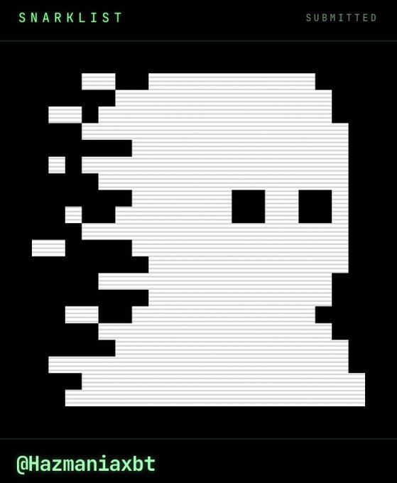 A pixel-art style submission on Snarklist features a white distressed/glitch-style ghost figure with two black square eyes on a black background, credited to '@Hazmaniaxbt'.