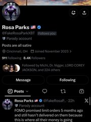 Mobile screenshot of Rosa Parks' Twitter/X profile (@RosaParks) with 8.4K followers, showing her pinned post parodying a FOMO limit order tweet about the $PARODY token.