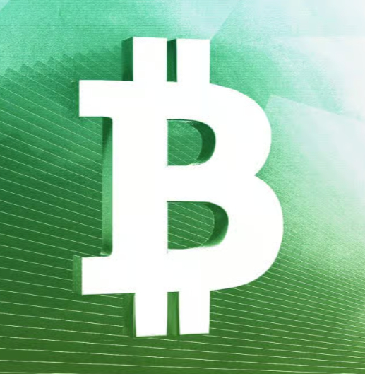A bold white "₿" Bitcoin symbol is featured against a vibrant green geometric background, visually representing the cryptocurrency's strong upward momentum as $BTC climbs 2.5% to $86,346, reaching its highest level since September 23.