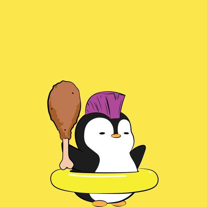 Cartoon illustration of a small penguin with a purple mohawk floating in a yellow swim ring while holding a large fried chicken drumstick against a yellow background.