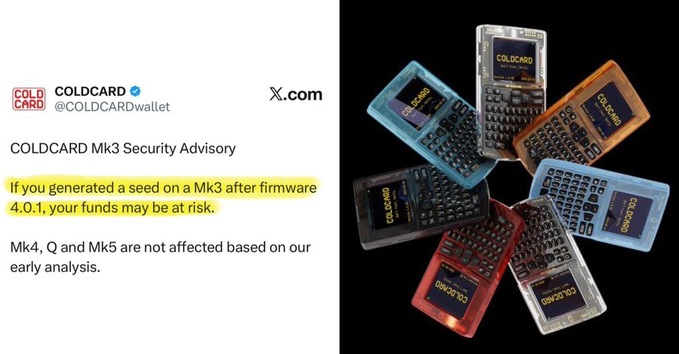 This image displays a COLDCARD Mk3 security advisory stating funds may be at risk if a seed was generated after firmware 4.0.1, juxtaposed with a collection of COLDCARD devices. This directly relates to the post's warning about a COLDCARD vulnerability causing significant BTC theft.