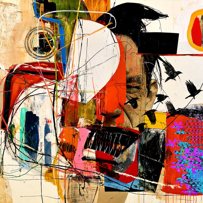 An abstract mixed-media artwork featuring a fragmented face, bold brushstrokes in orange and red, and silhouettes of flying black birds.