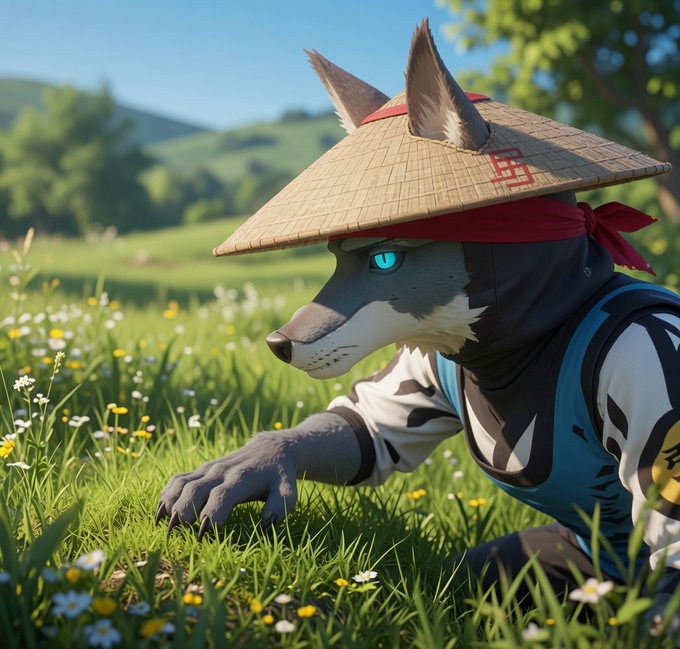A 3D-rendered anthropomorphic wolf character wearing a conical straw hat and red headband, crouching in a sunny grassy meadow with wildflowers.