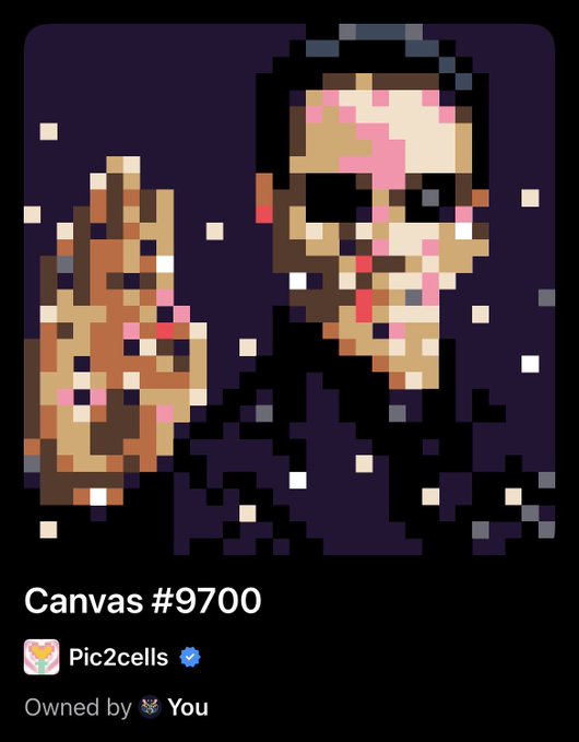 A pixel art NFT titled "Canvas #9700" from the Pic2cells collection, owned by the user, depicts a hooded figure with sunglasses next to a raised fist against a dark starry background—visually echoing the post's theme of perseverance and innovation in the face of constraints, symbolizing choice and forward momentum.