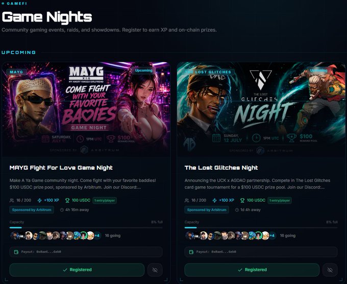 A GameFi 'Game Nights' interface displaying two upcoming community gaming events: 'MAYG Fight For Love Game Night' and 'The Lost Glitches Night', both with $100 USDC prize pools, showing 'Registered' status at the bottom.