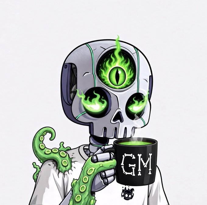An illustration of a skeletal robot with glowing green flames in its eye sockets, holding a black mug labeled 'GM' while green tentacles wrap around its arm.