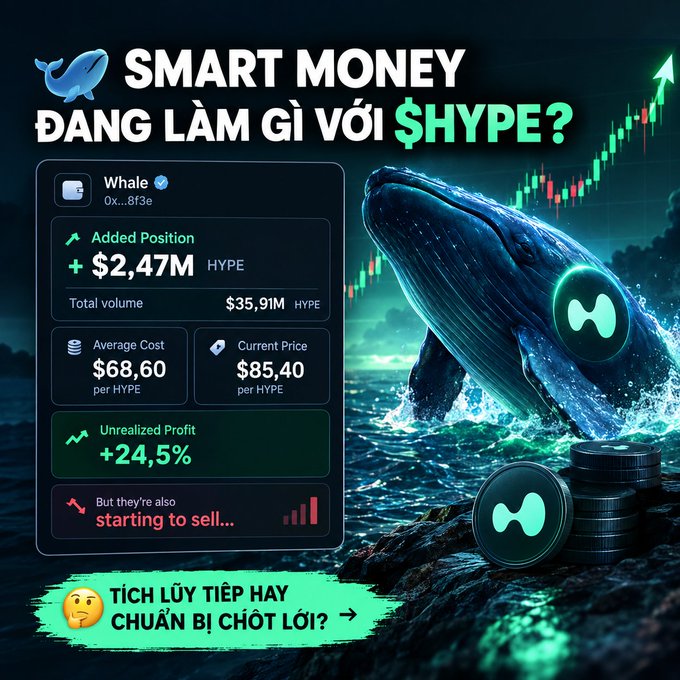 A 'SMART MONEY' graphic featuring a whale examines the $HYPE token, noting a whale added a +$2.47M position with +24.5% unrealized profit and is starting to sell.