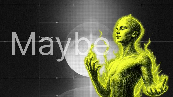 A green-tinted figure of a person engulfed in flames stands beside the word 'Maybe' displayed in large white text, with a bright light or moon behind them against a dark gridded background.