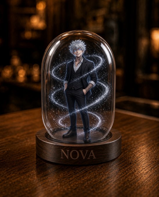 A 3D render shows an anime-style figure with white hair in a suit, encased in a swirling, magical glass dome on a wooden base labeled 'NOVA'.