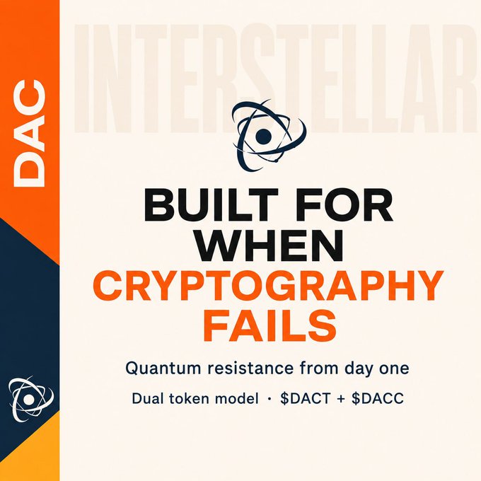 A promotional graphic for 'INTERSTELLAR DAC' features the text 'BUILT FOR WHEN CRYPTOGRAPHY FAILS' and promotes quantum resistance with a 'Dual token model · $DACT + $DACC'.